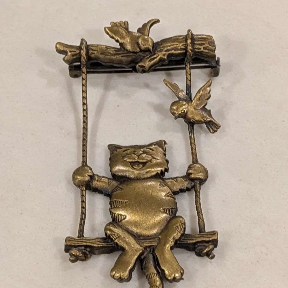 Vintage 1980s Signed J.J. Cat Swinging On Swing w/Birds Matte Bronze